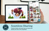 Frame shown with smartphone demonstrating seamless sharing of photos from family and friends. Shown as part of product listing for our 10-inch digital frame.