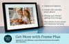 Feature callouts for Frame Plus—videos, albums, app controls, and slideshow mirroring. Shown as part of product listing for our 10-inch digital frame.