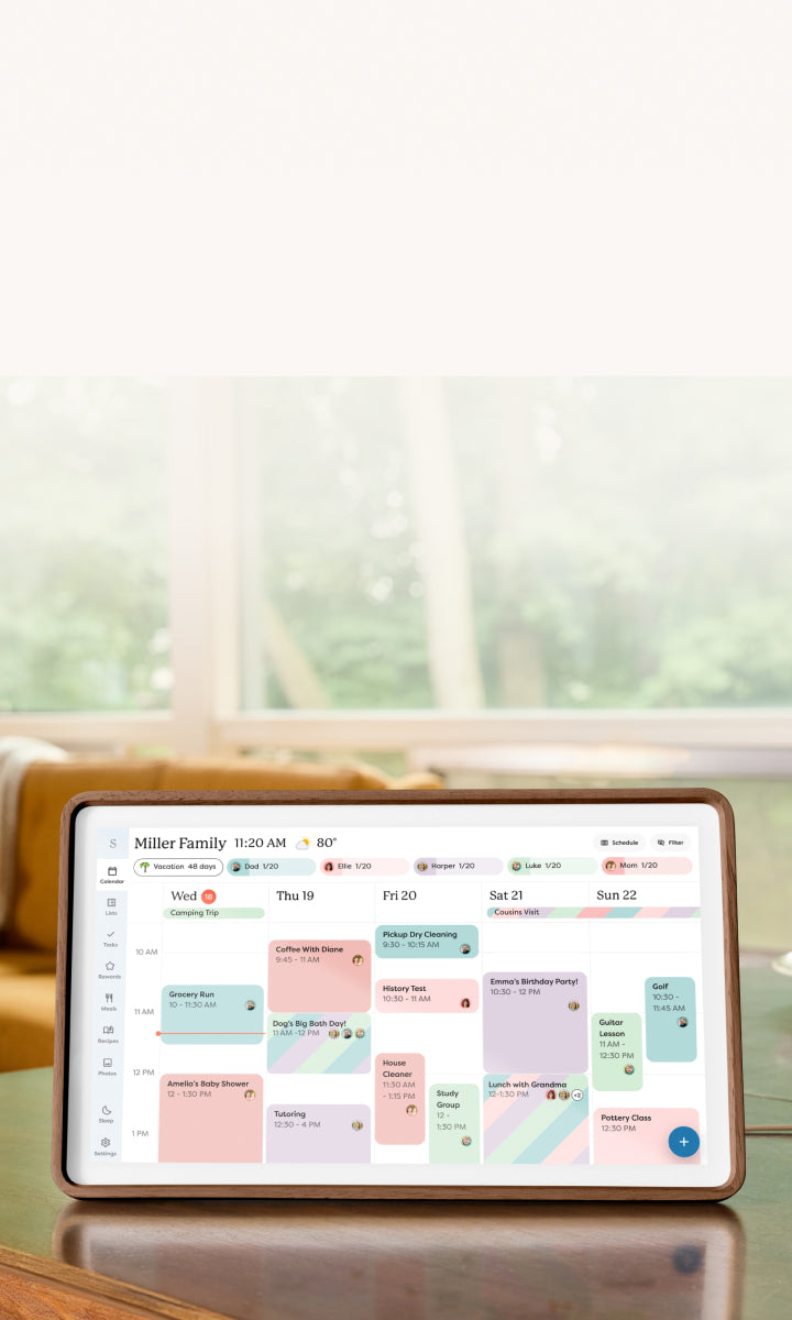 Skylight Calendar 2 showing a family schedule on a kitchen counter